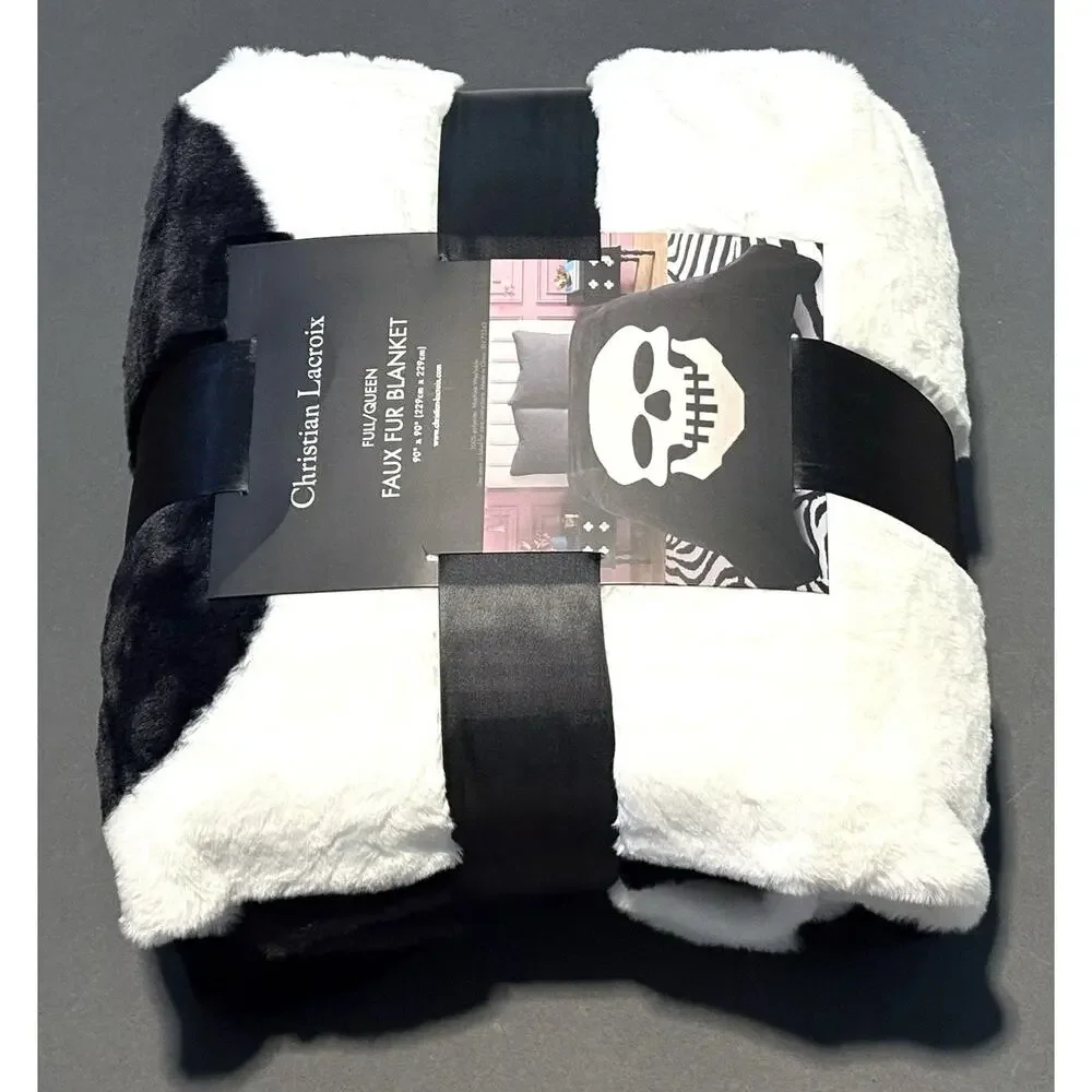 Christian Lacroix Full / Queen Faux Fur Blanket Skull Skeleton Halloween Goth - Picture 9 of 13